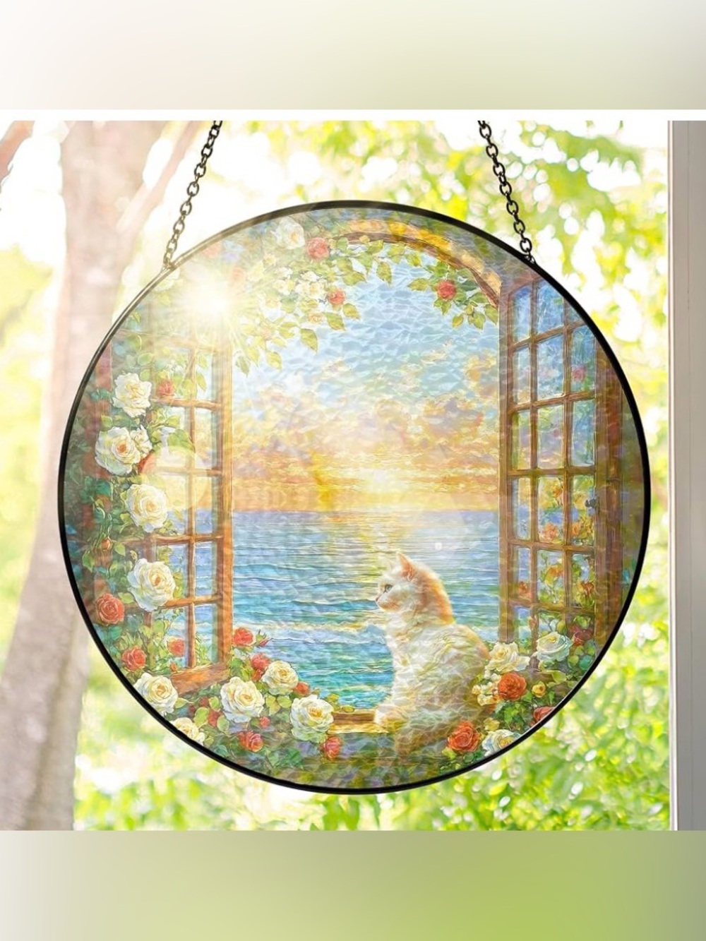 Cat Stained Glass Window Hanging – 8 inch Round Suncatcher